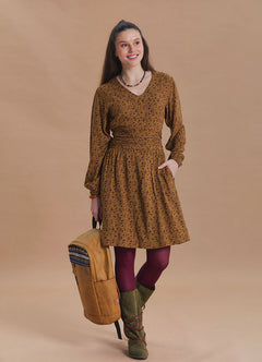 V Neck Draped Belt Detailed Mustard Floral Dress
