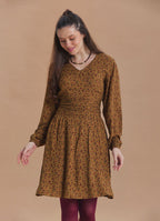 V Neck Draped Belt Detailed Mustard Floral Dress