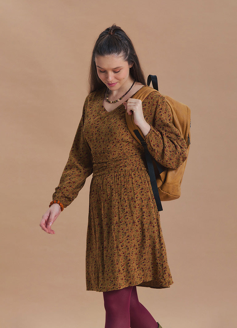 V Neck Draped Belt Detailed Mustard Floral Dress