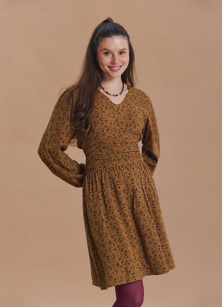 V Neck Draped Belt Detailed Mustard Floral Dress