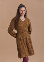 V Neck Draped Belt Detailed Mustard Floral Dress