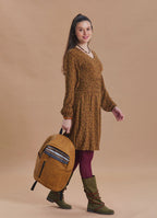 V Neck Draped Belt Detailed Mustard Floral Dress