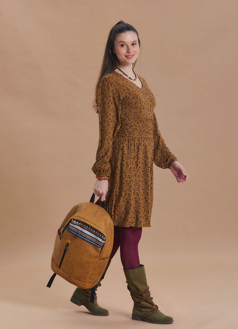 V Neck Draped Belt Detailed Mustard Floral Dress