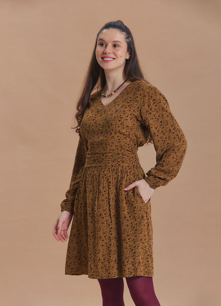 V Neck Draped Belt Detailed Mustard Floral Dress
