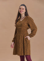 V Neck Draped Belt Detailed Mustard Floral Dress