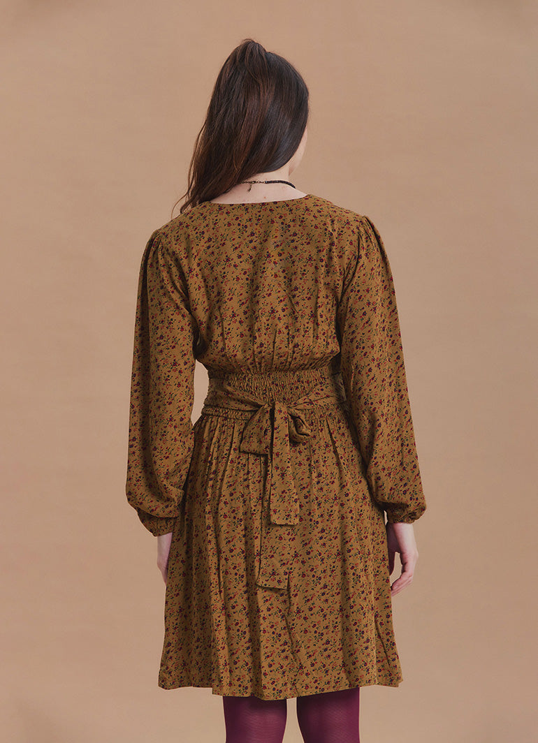 V Neck Draped Belt Detailed Mustard Floral Dress