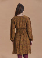 V Neck Draped Belt Detailed Mustard Floral Dress