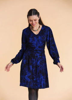 V Neck Draped Belt Detailed Saxe Blue Floral Dress
