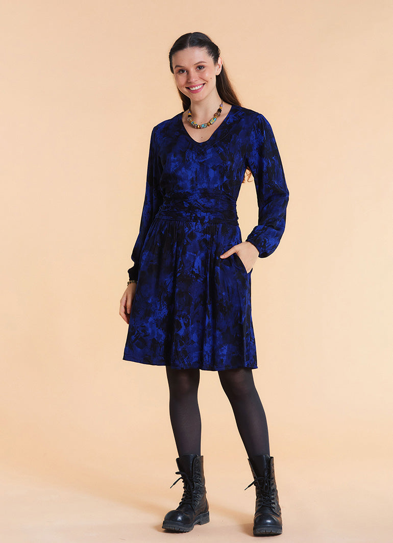 V Neck Draped Belt Detailed Saxe Blue Floral Dress