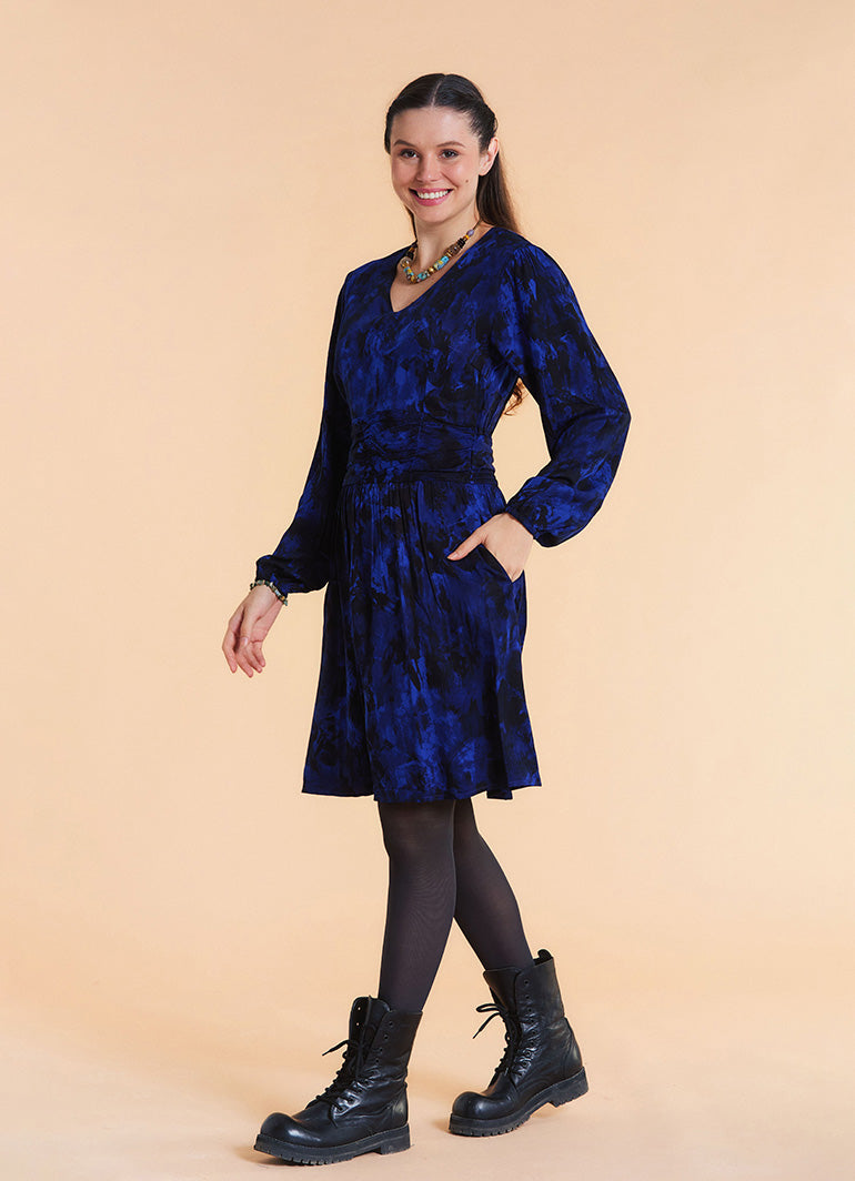 V Neck Draped Belt Detailed Saxe Blue Floral Dress