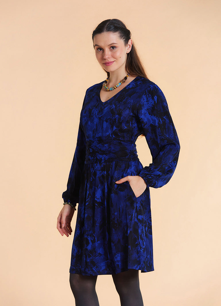 V Neck Draped Belt Detailed Saxe Blue Floral Dress
