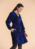 V Neck Draped Belt Detailed Saxe Blue Floral Dress