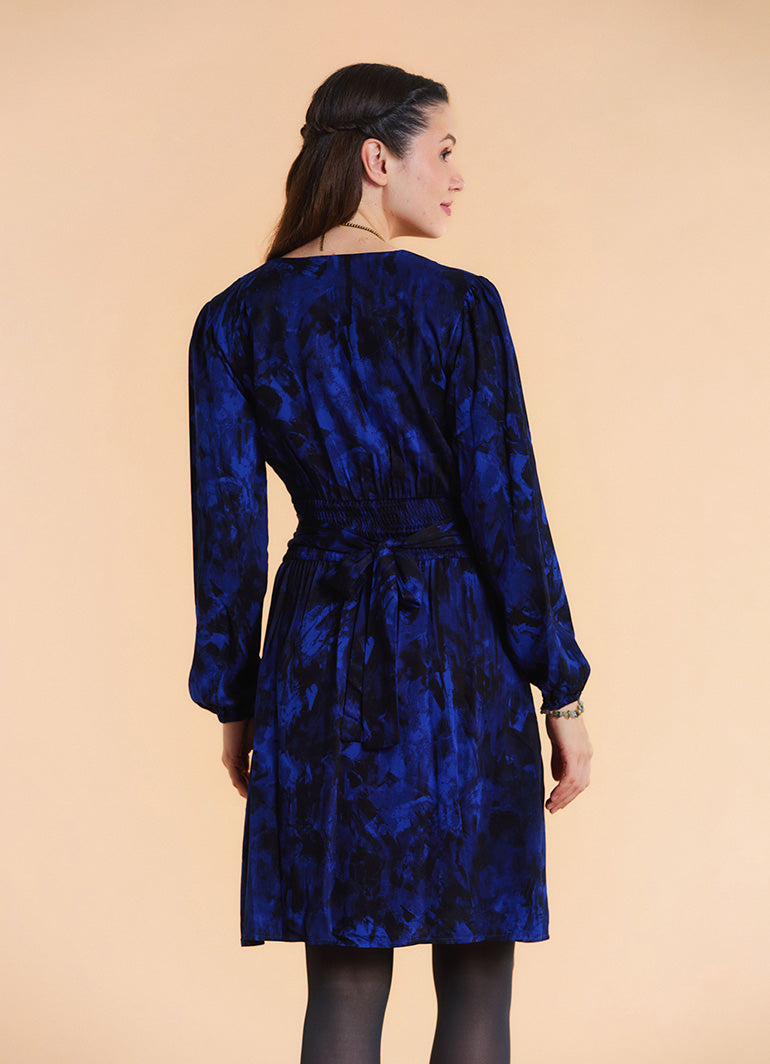 V Neck Draped Belt Detailed Saxe Blue Floral Dress