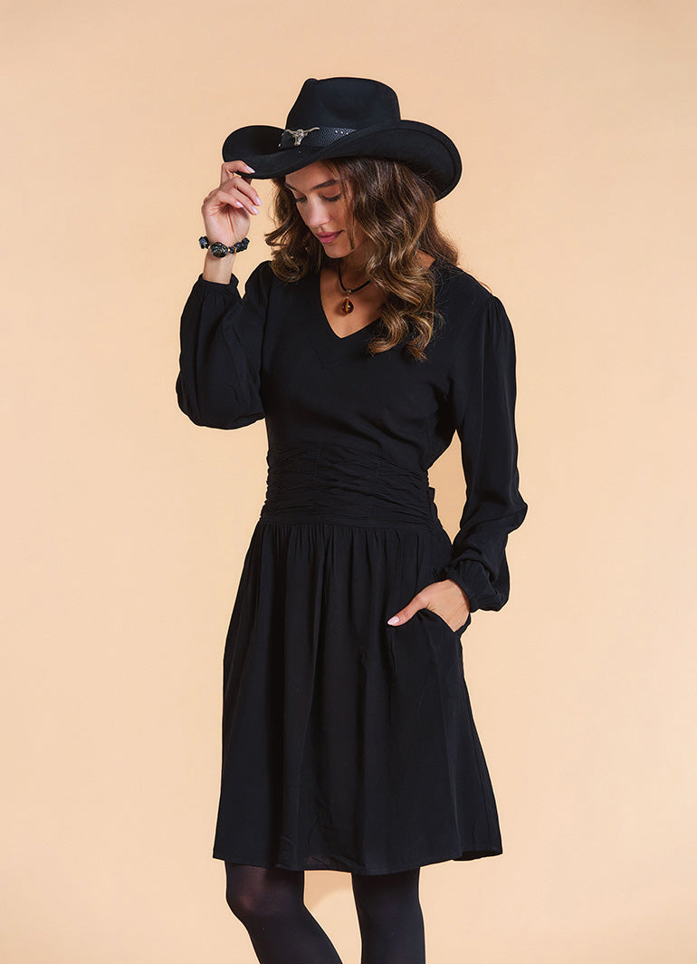 V Neck Draped Belt Detailed Black Winter Dress