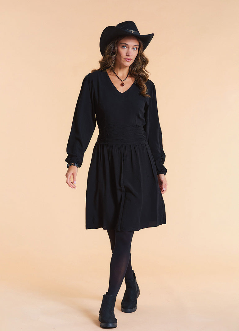 V Neck Draped Belt Detailed Black Winter Dress