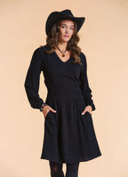 V Neck Draped Belt Detailed Black Winter Dress