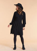 V Neck Draped Belt Detailed Black Winter Dress
