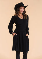 V Neck Draped Belt Detailed Black Winter Dress