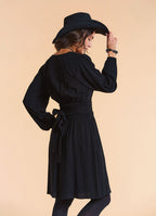 V Neck Draped Belt Detailed Black Winter Dress
