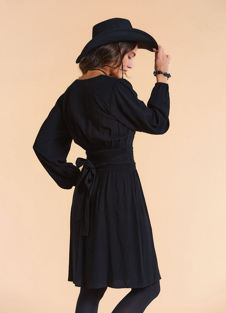 V Neck Draped Belt Detailed Black Winter Dress