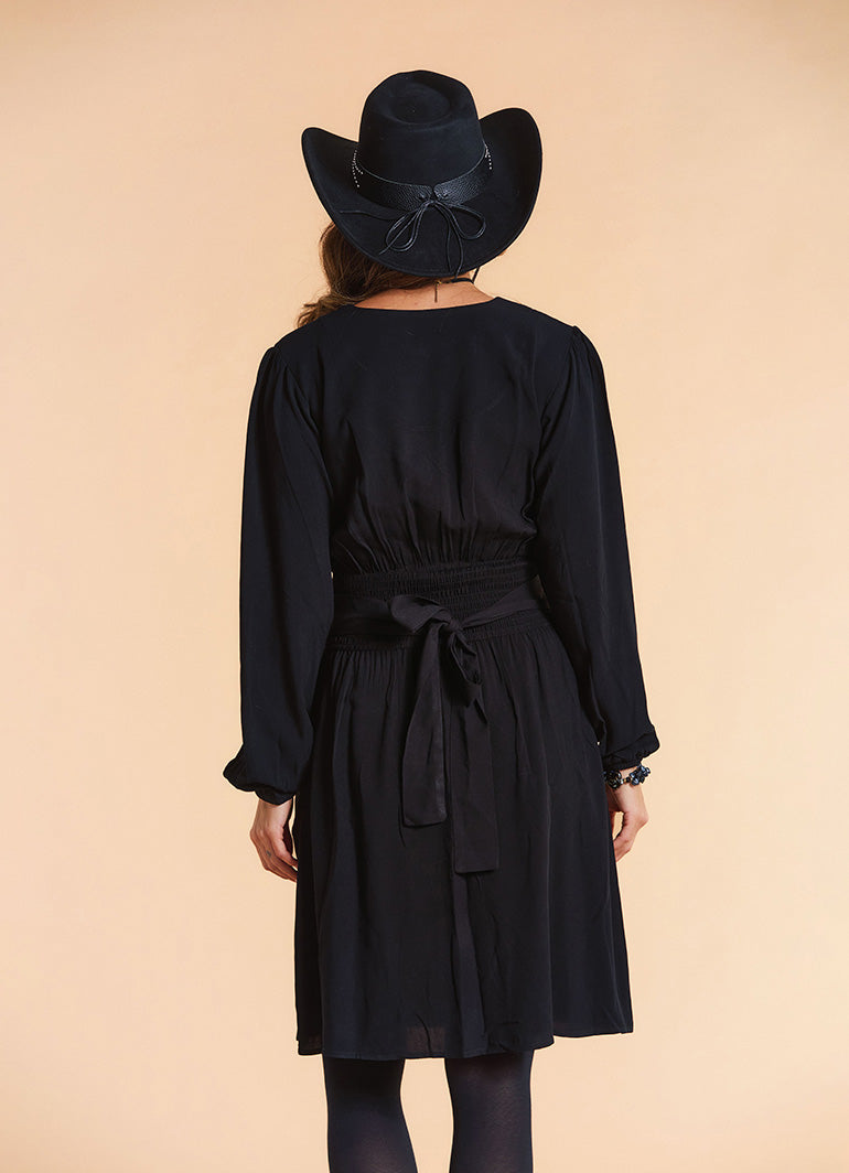 V Neck Draped Belt Detailed Black Winter Dress