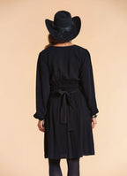 V Neck Draped Belt Detailed Black Winter Dress