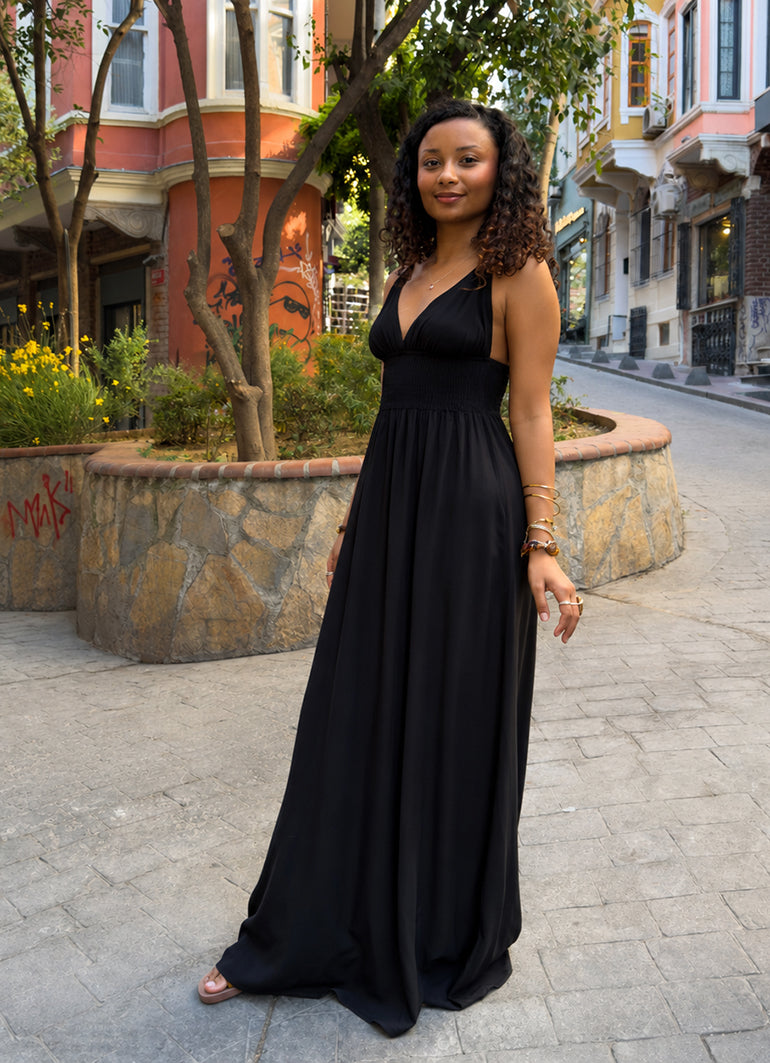 Thin Strapped Backless Black Bohemian Dress 5020