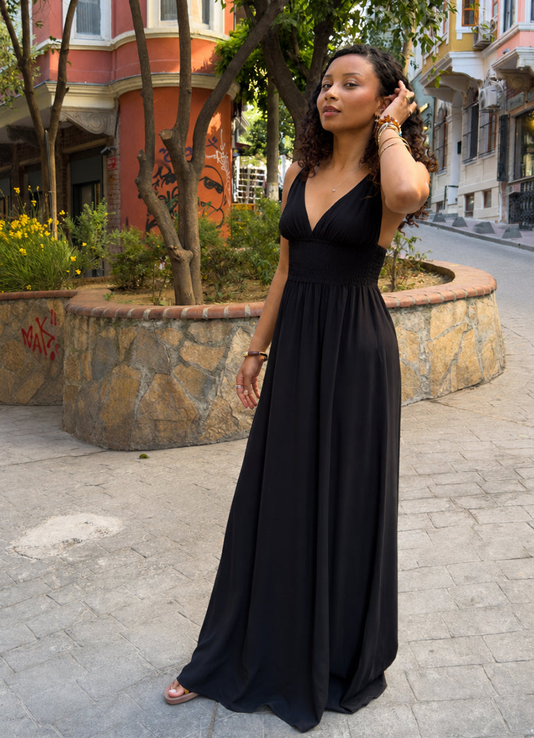 Thin Strapped Backless Black Bohemian Dress 5020