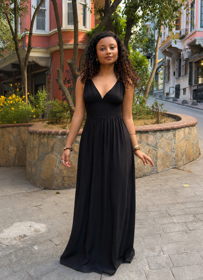 Thin Strapped Backless Black Bohemian Dress 5020