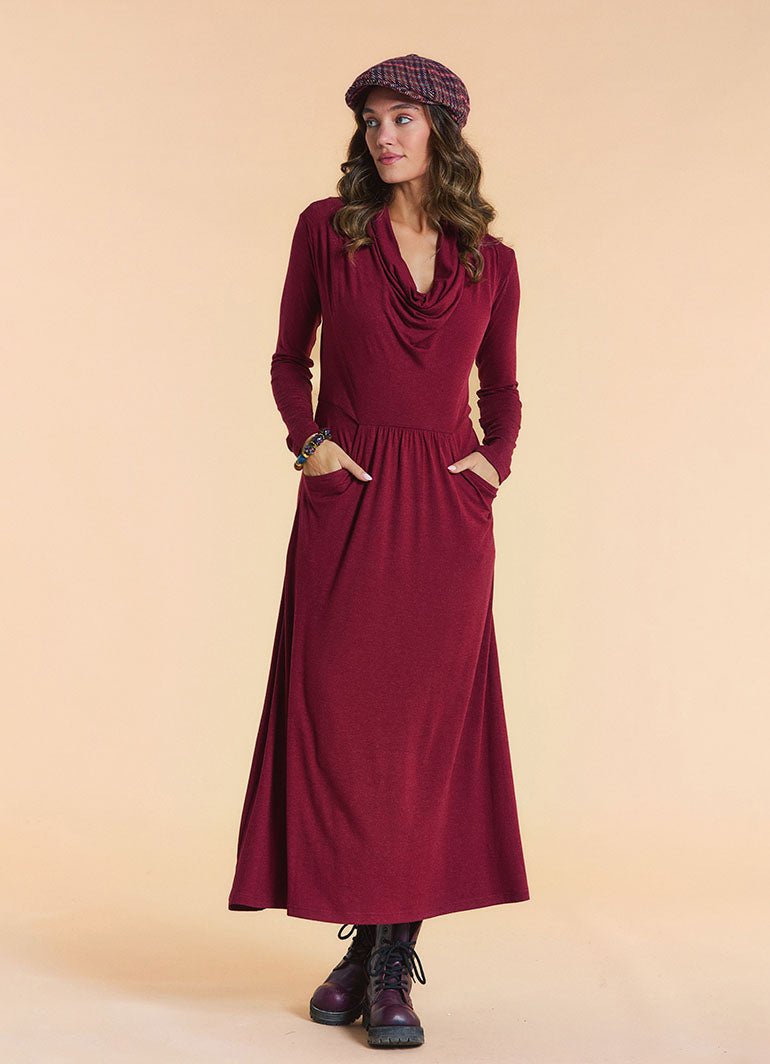 Cowl Neck Pocket Detail Burgundy Long Sleeve Dress