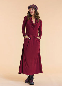 Cowl Neck Pocket Detail Burgundy Long Sleeve Dress