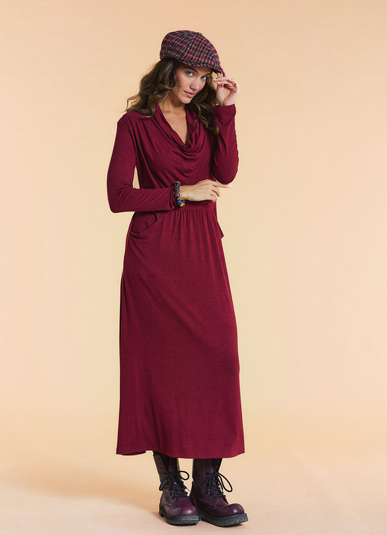 Cowl Neck Pocket Detail Burgundy Long Sleeve Dress