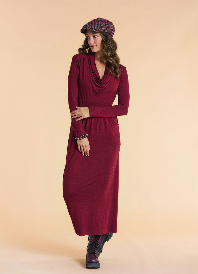 Cowl Neck Pocket Detail Burgundy Long Sleeve Dress