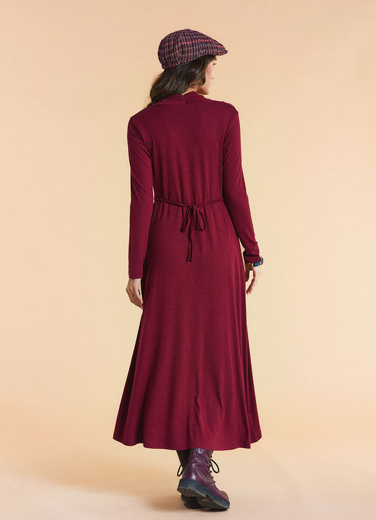 Cowl Neck Pocket Detail Burgundy Long Sleeve Dress