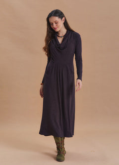 Cowl Neck Pocket Detail Brown Winter Dress
