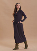 Cowl Neck Pocket Detail Brown Winter Dress