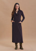 Cowl Neck Pocket Detail Brown Winter Dress