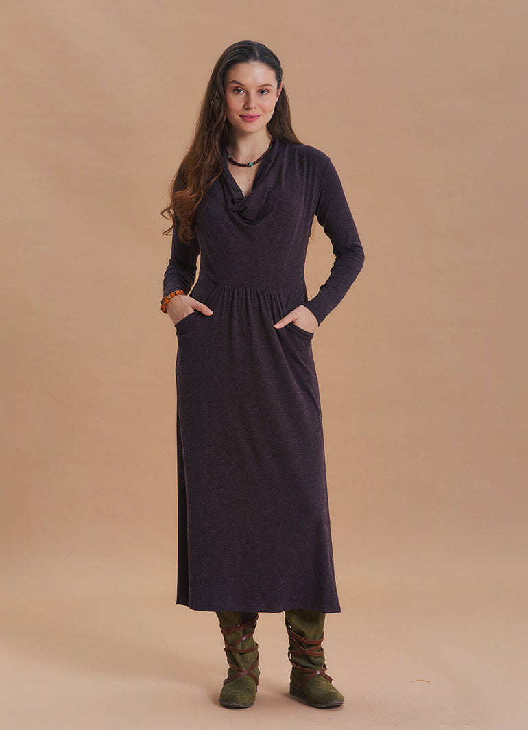 Cowl Neck Pocket Detail Brown Winter Dress