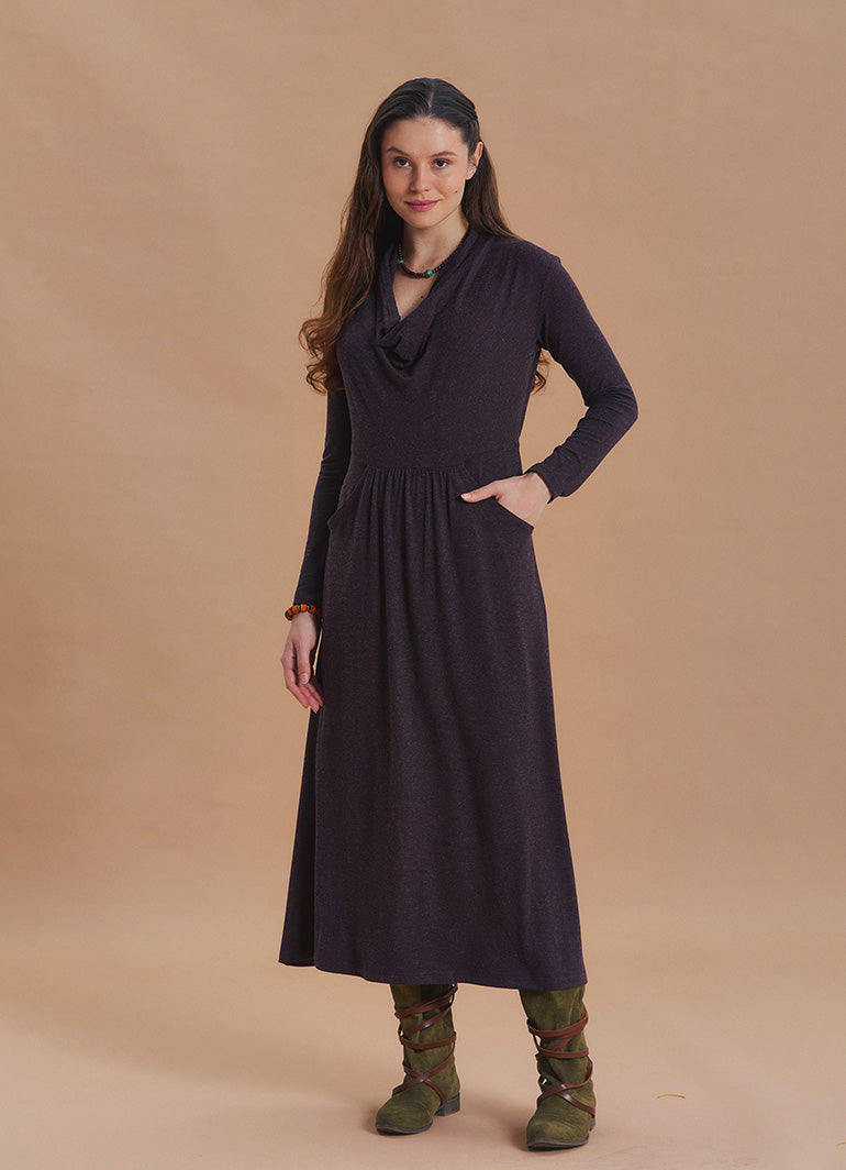 Cowl Neck Pocket Detail Brown Winter Dress