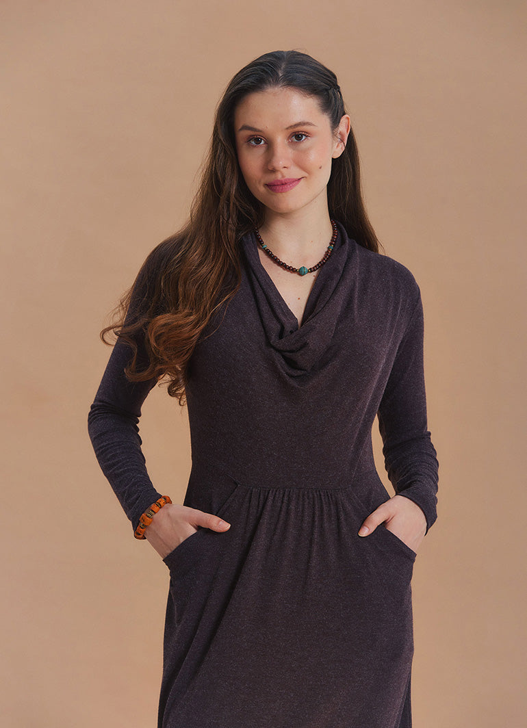 Cowl Neck Pocket Detail Brown Winter Dress