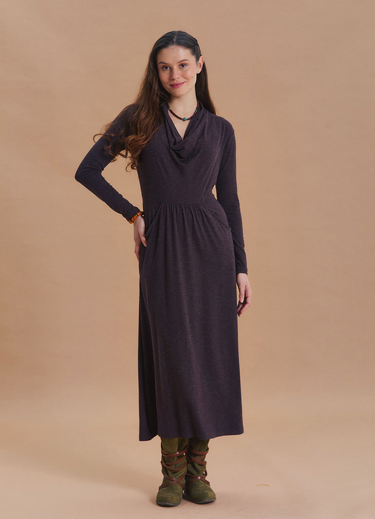 Cowl Neck Pocket Detail Brown Winter Dress