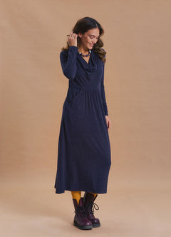Cowl Neck Pocket Detail Navy Winter Dress