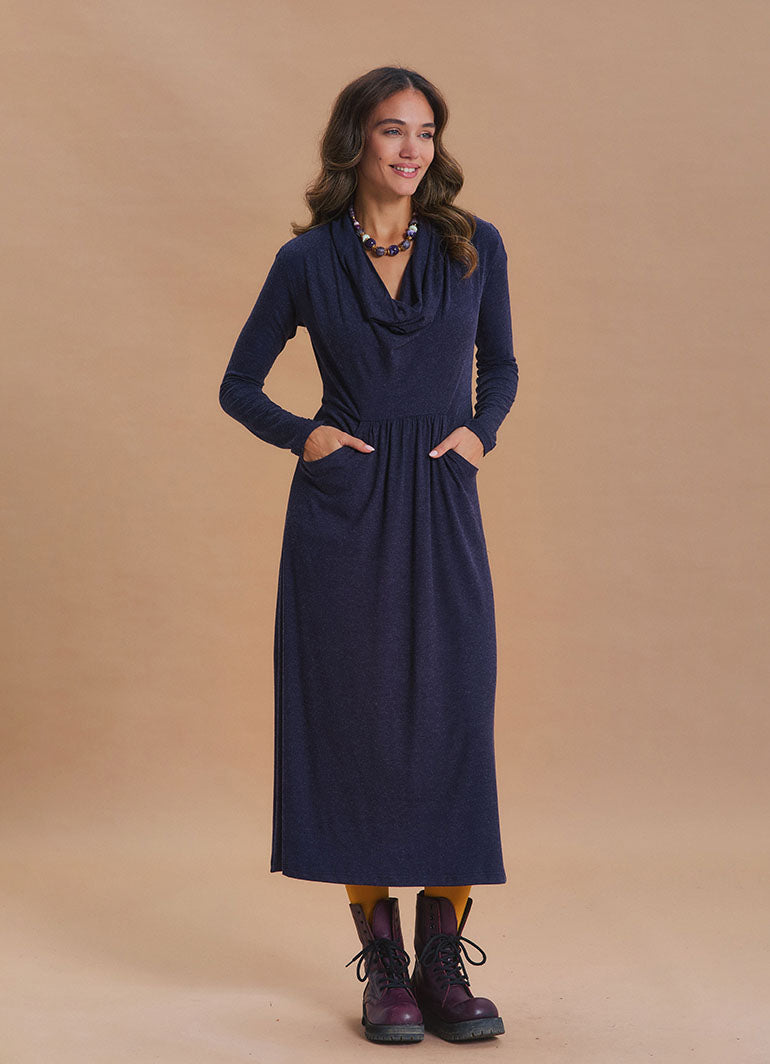 Cowl Neck Pocket Detail Navy Winter Dress