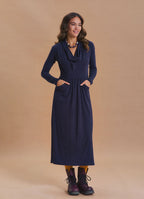 Cowl Neck Pocket Detail Navy Winter Dress
