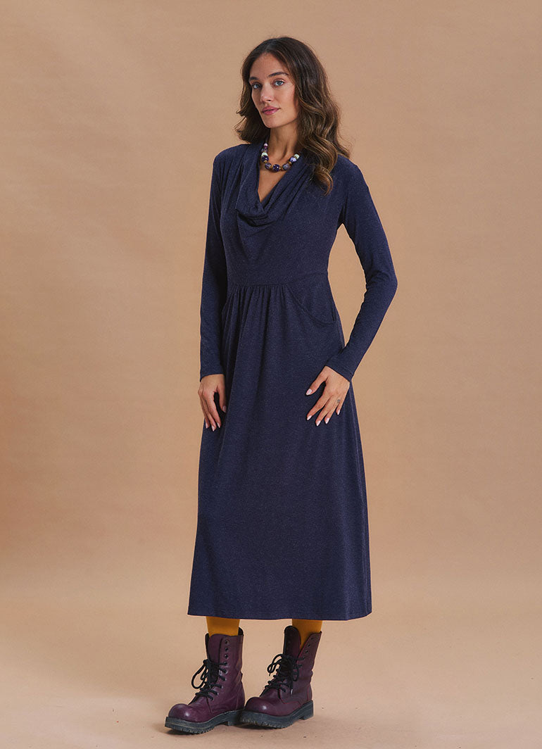 Cowl Neck Pocket Detail Navy Winter Dress