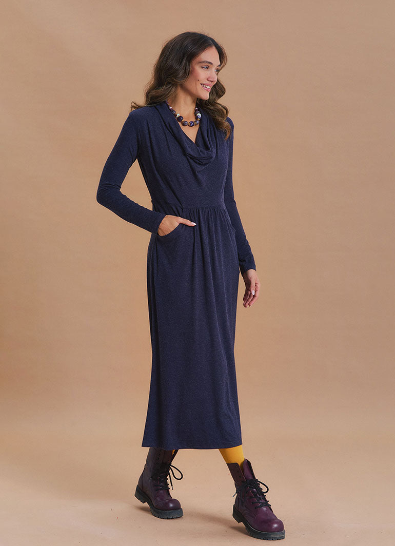 Cowl Neck Pocket Detail Navy Winter Dress