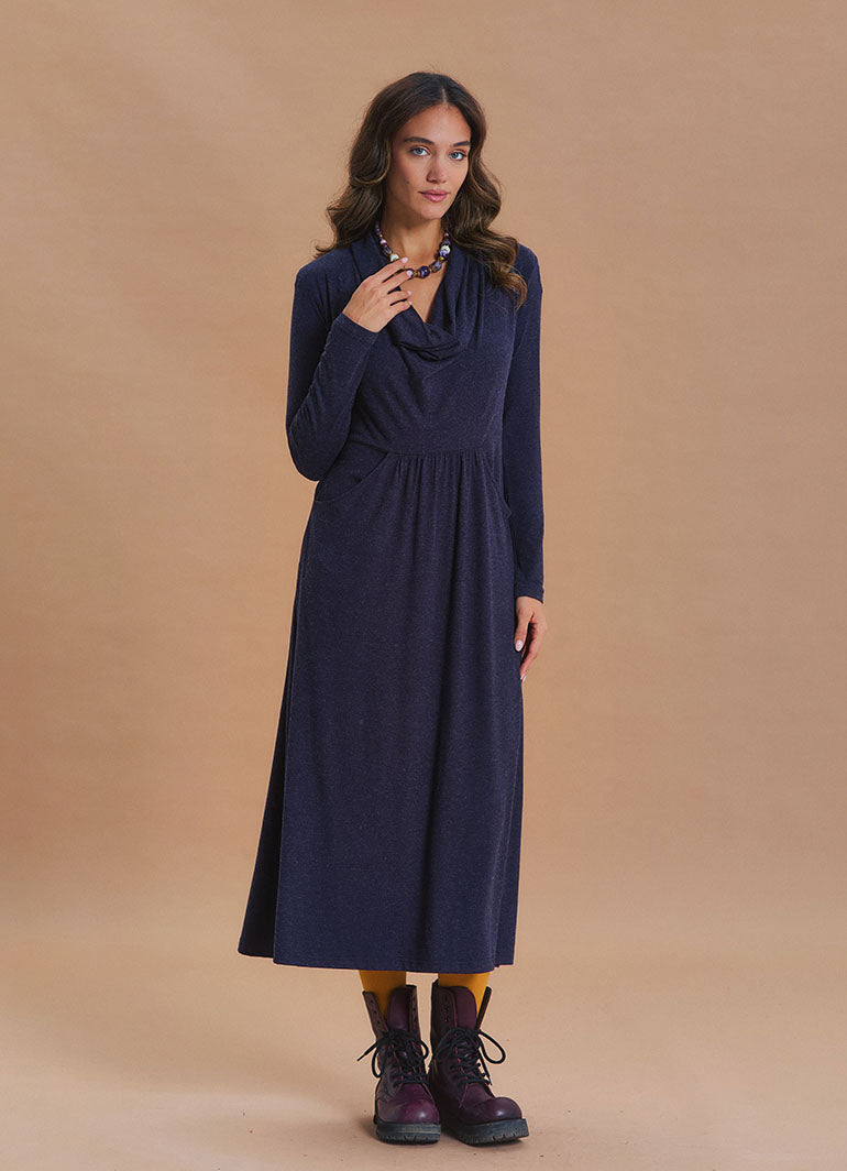 Cowl Neck Pocket Detail Navy Winter Dress