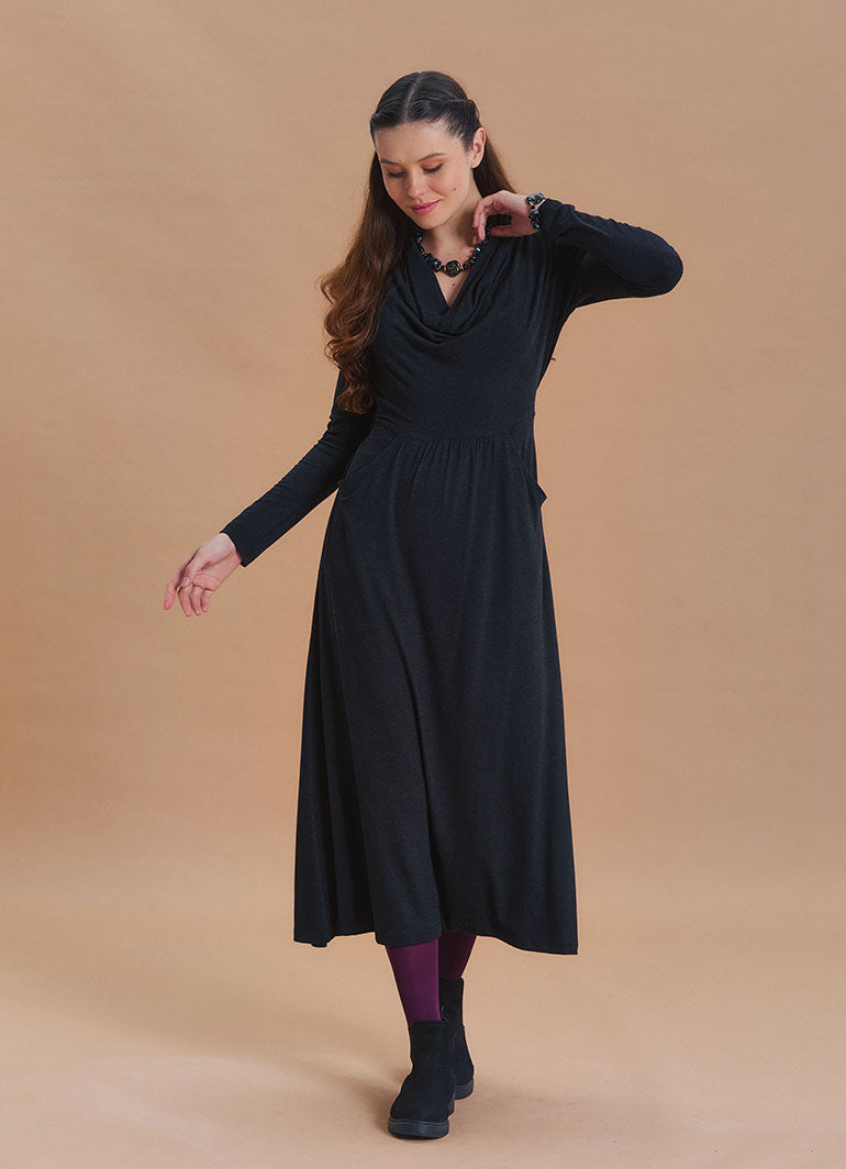 Cowl Neck Pocket Detail Black Long Sleeve Dress