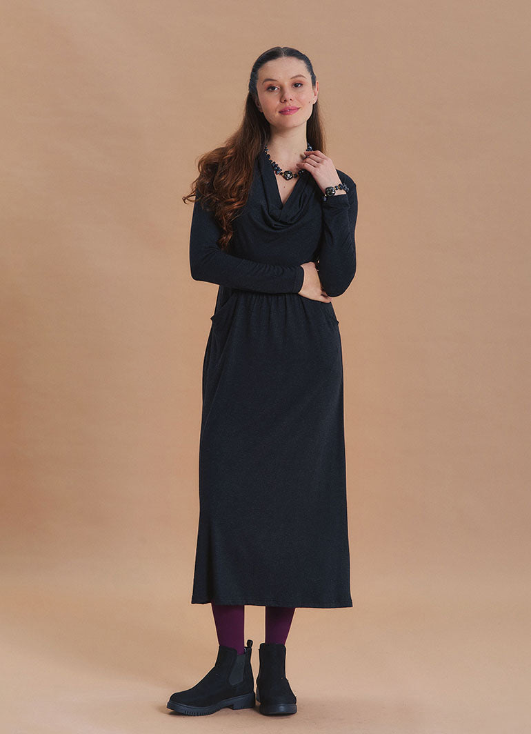 Cowl Neck Pocket Detail Black Long Sleeve Dress
