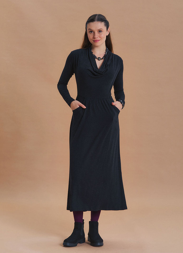 Cowl Neck Pocket Detail Black Long Sleeve Dress